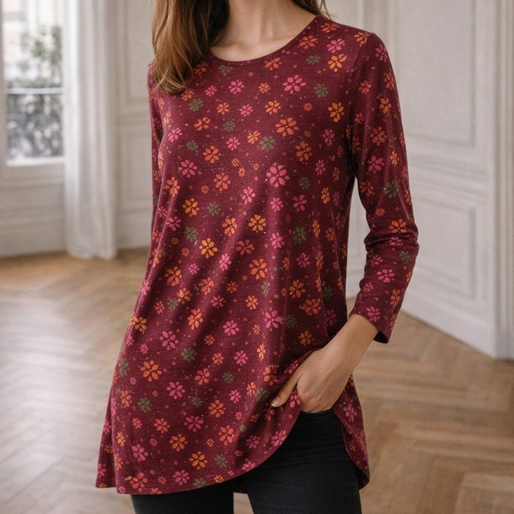 Gudrun Sjoden Burgundy‎ Floral Print Tunic Top Stretch Jersey Size XL